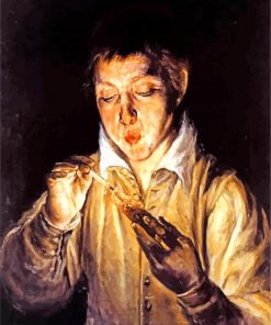 A Boy Blowing On An Ember To Light A candle El Greco paint by number