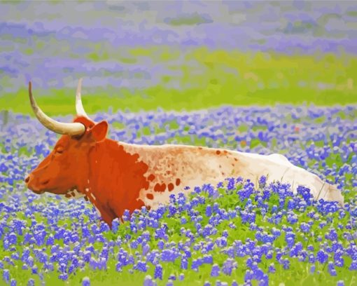 Longhorn In Bluebonnets Field paint by numbers