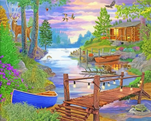 Rustic Footbridge By Lake paint by number