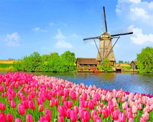 Windmills And Flowers At Kinderdijk paint by numbers