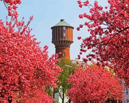 Cherry Blossom Wasserturm Elmshorn paint by number