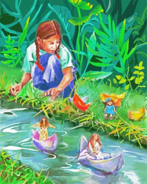 Girl Watching Her Paper Boats Floating paint by numbers