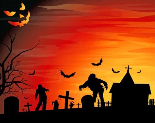 The Dead Zombies In Graveryard Church Silhouette paint by numbers