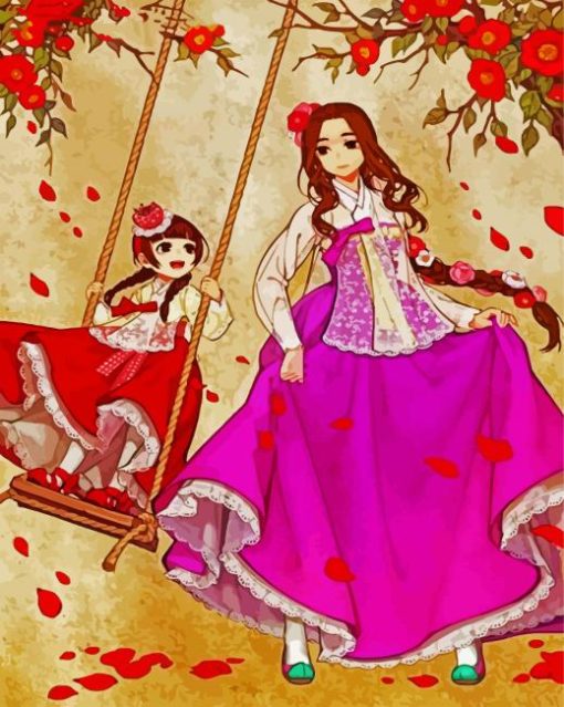 Woman And Daughter Wearing Hanbok paint by numbers