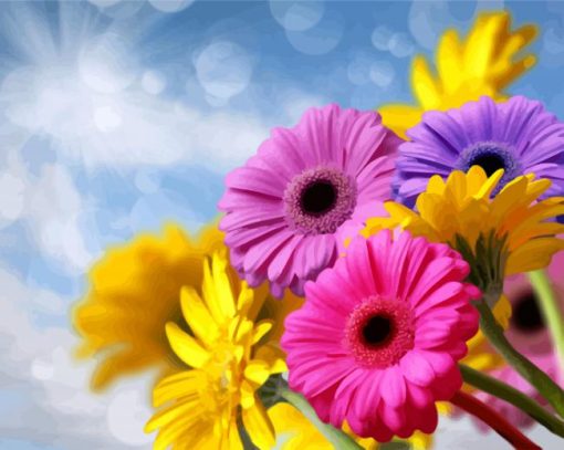 Yellow And Pink And Purple Gerberas Flowers paint by numbers