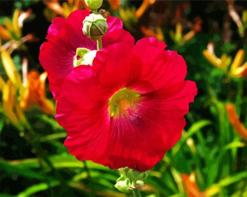 Red Blooming Hollyhocks paint by number