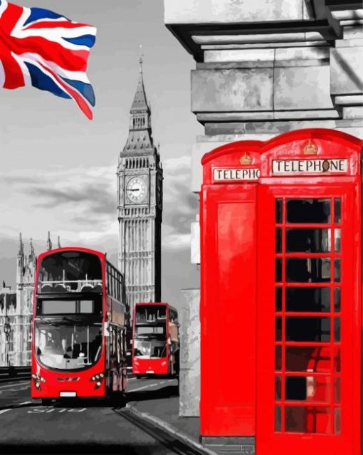 Red Booths And Bus In London England paint by numbers