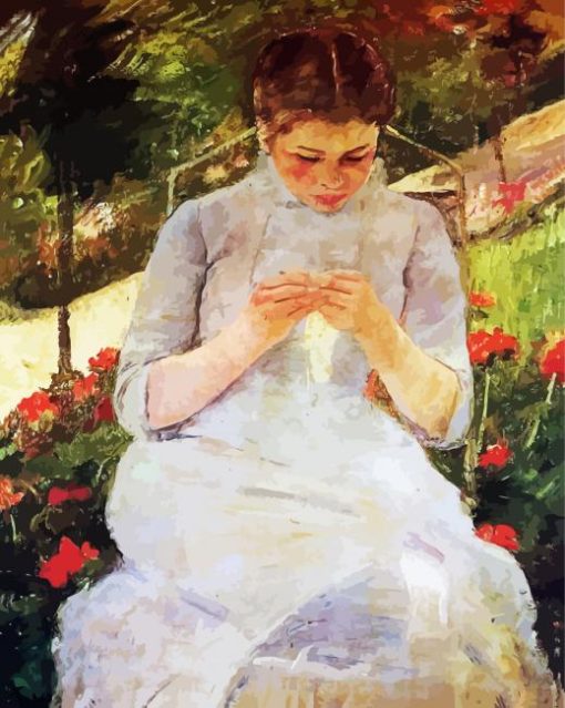 Young Woman Sewing In A Garden paint by number