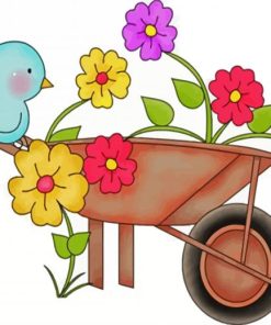 Cute Wheelbarrow With Flowers And Blue Bird paint by numbers