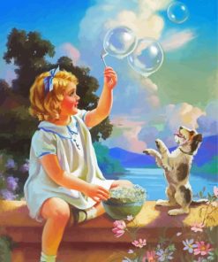 Girl Playing With Bubbles And Dog paint by numbers