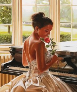 Piano Lady Holding A Pink Rose paint by number