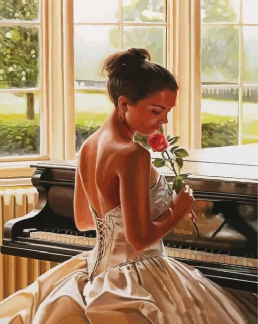 Piano Lady Holding A Pink Rose paint by number