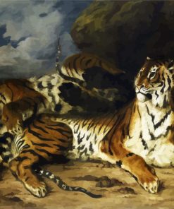 A Young Tiger Playing With Its Mother By Delacroix Eugène paint by number