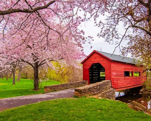 Cherry Blossom Carroll Creek Covered Bridge paint by number