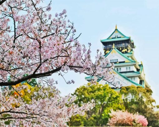 Osaka Castle Cherry Blossom paint by number