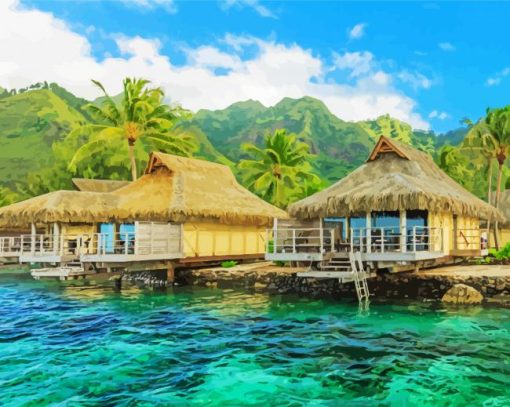 Tahiti Island Huts paint by number