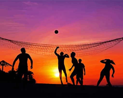 Volleyball Players Silhouette At Sunset paint by number