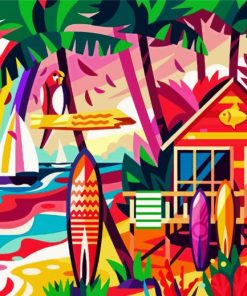 Aesthetic Beach Hut And Surfboard paint by numbers