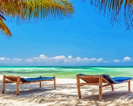 Palm Tree Chairs By The Sea In Zanzibar paint by number