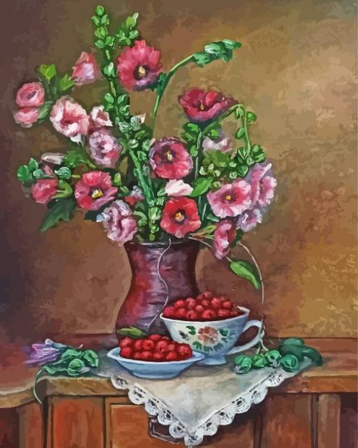 Hollyhocks Vase Still Life paint by number