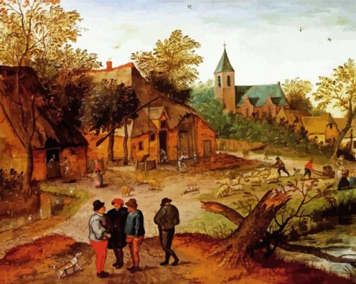 A Village Landscape With Farmers By Pieter Ruegel paint by number