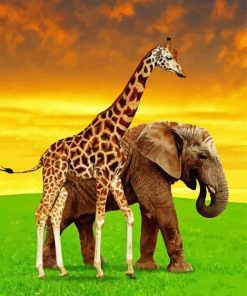 Giraffe And Elephant At Sunset paint by number