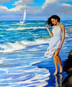 Girl With Dress Walking On Beach paint by number