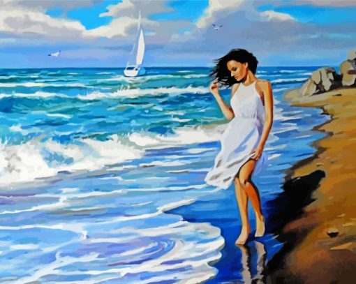 Girl With Dress Walking On Beach paint by number