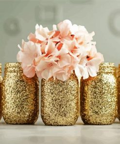 Gold Glitter Mason Jars With Flowers paint by number