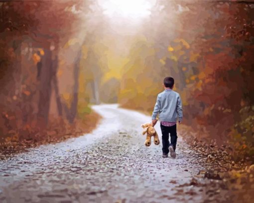 Alone Kid In Forest With Bear paint by number