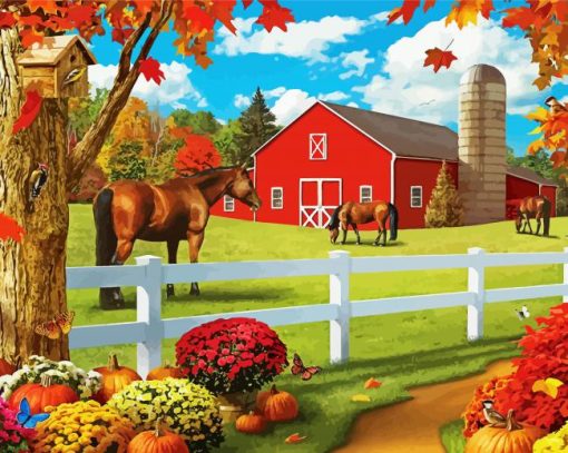 Autumn Barn And Horses paint by number