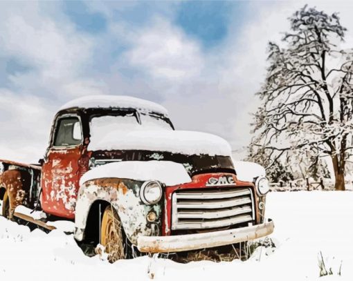 Classic Red Pick Up In Snow Winter paint by number