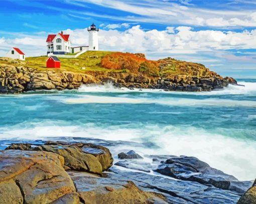 Nubble Lighthouse Seascape paint by number