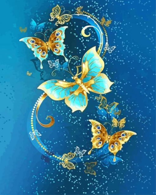 Blue Gold Butterflies paint by number