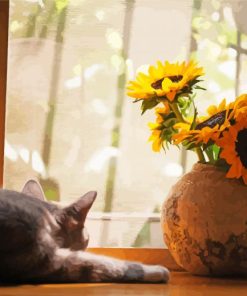 Grey Cat And Flowers By Window paint by number