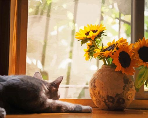 Grey Cat And Flowers By Window paint by number