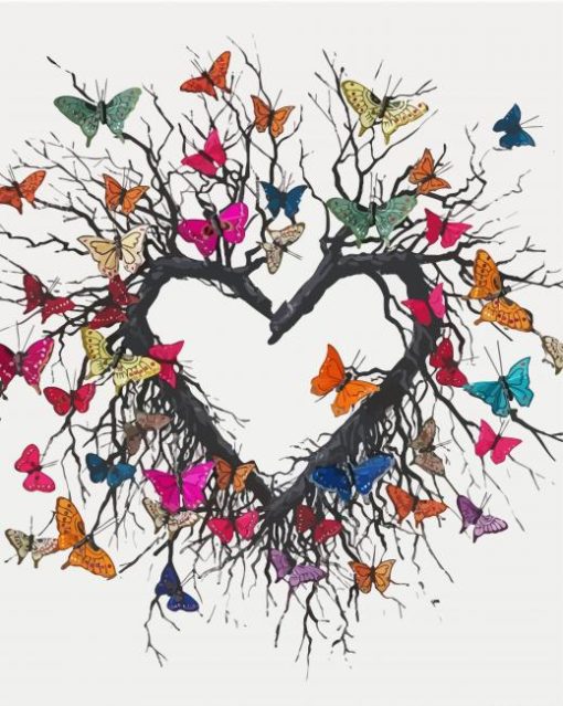 Heart Tree Butterflies paint by number