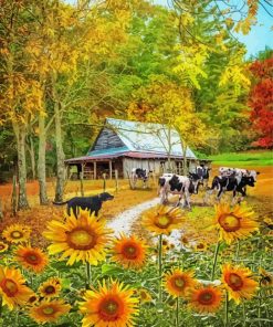 Sunflowers And Cows Fall Scene paint by number