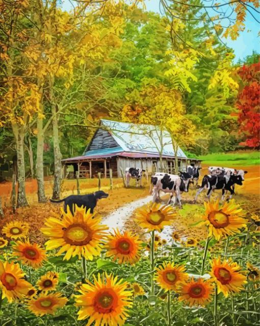 Sunflowers And Cows Fall Scene paint by number