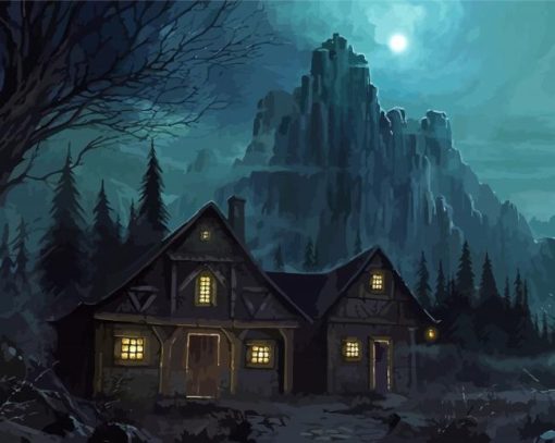 Dark Cottage In The Woods paint by number