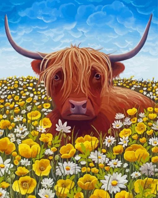 Highland Cow With Flowers paint by number