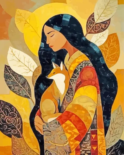 Native lady and fox paint by number Native Lady And Fox Paint By Numbers