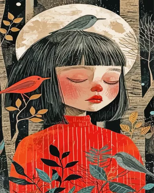 girl and birds paint by number Girl And Birds Paint By Numbers